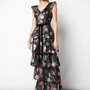 Marchesa Notte Metallic Printed Tiered Gown